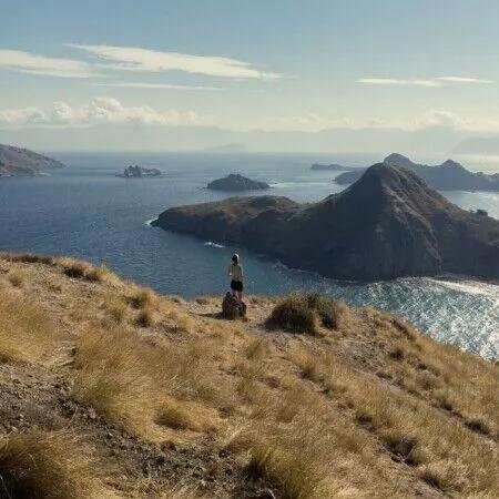 Freedom: woman on a mountain looking at the horizon